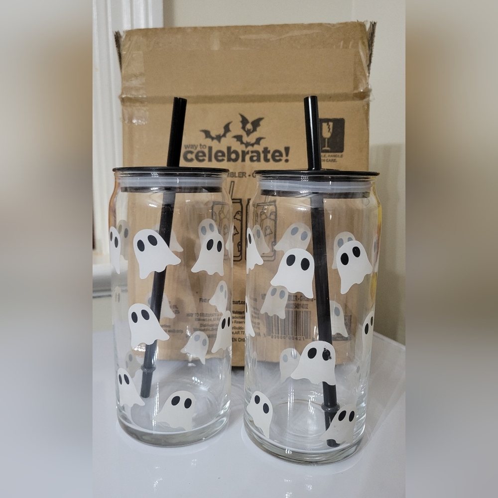 20 oz Glass Sipper Ghosts-2 Pack